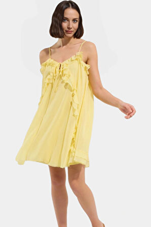 Şık Mini Elbise Astarlı Fırfırlı Yazlık Polyester Dokuma Yüksek Kalite