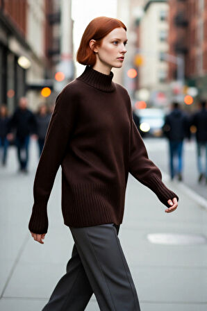 Kadınlara Özel Oversize Rahat Kalıp Düz Renk Triko Kazak Dik Yaka Reglan Kol Kış Modasının