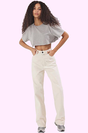 Kadın Pamuk Straight Jean Pantolon Yüksek Bel Geniş Paça Günlük Kullanım Dayanıklı Malzeme