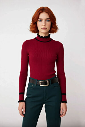 Kadın Triko Fitted Kalıp Dik Yaka Fitilli Renk Bloklu Uzun Kollu Kazak Günlük Tarzın Modern Hali