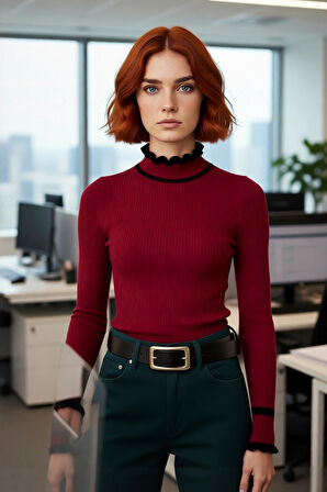 Kadın Triko Fitted Kalıp Dik Yaka Fitilli Renk Bloklu Uzun Kollu Kazak Günlük Tarzın Modern Hali