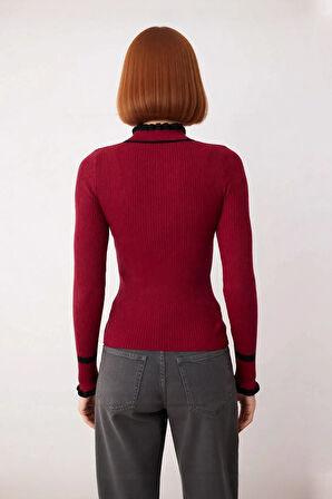 Kadın Triko Fitted Kalıp Dik Yaka Fitilli Renk Bloklu Uzun Kollu Kazak Günlük Tarzın Modern Hali