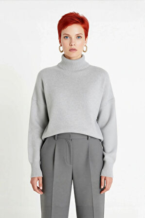 Kadın Basic Oversize Dik Yaka Triko Kazak Düşük Kol Uzun Boy Kışlık Günlük Şıklık Sunar Kaliteli