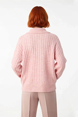 Kadınlara Özel Oversize Fitilli Triko Kazak Düşük Kol Polo Yaka Kış Sezonu İçin İdeal Günlük Giyim