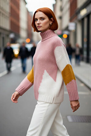Kadın Şık Dik Yaka Oversize Renk Bloklu Düşük Kol Uzun Triko Kazak Kış Modasına Yeni Bir Soluk