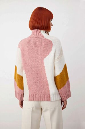 Kadın Şık Dik Yaka Oversize Renk Bloklu Düşük Kol Uzun Triko Kazak Kış Modasına Yeni Bir Soluk