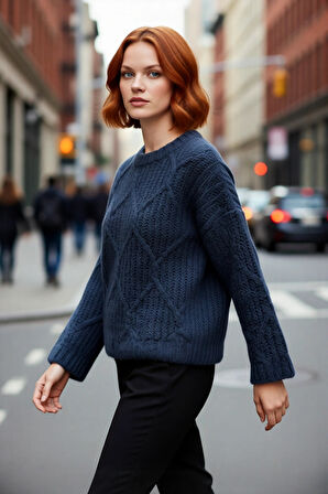 Kadın Kalın Saç Örgülü Oversize Triko Kazak Soğuk Havalar İçin Şık Bisiklet Yaka Standart Kol