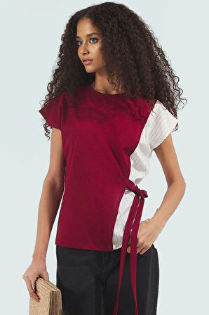 Asimetrik Bluz Kısa Kol Bisiklet Yaka Pamuklu Örme Kumaş Rahat Kalıp Ve Şık