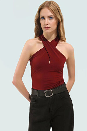 Boyundan Bağlamalı Kolsuz Bluz Polyester Elastan Kumaş Fitted Kalıp Şık Görünüm