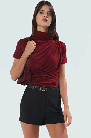 Yazlık Kısa Kollu Bluz Esnek Örme Dik Yaka Fitted Kalıp Mükemmel Uyum Trend Tasarım