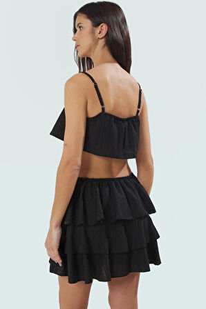 Pamuklu Fitilli Plaj Takımı Carmen Yaka Kısa Bluz ve Etek Profesyonel Görünüm Mükemmel Uyum