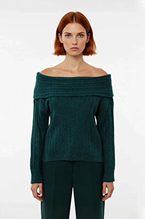 Kadın Carmen Yaka Triko Kazak Orta Kalınlıkta Regular Kalıbı İle Kış Gündüz Gece Rahatlığı