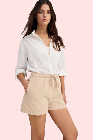 Kadın Mini Şort Pamuk Gabardin Kumaş Rahat Yüksek Bel Straight Günlük Yaz Aylarının Vazgeçilmezi