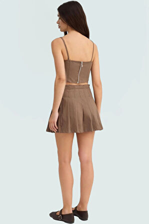 Piliseli Etekli Crop Bluz Takım Gabardin Dokuma Yazlık Günlük Rahat Kullanım Mükemmel Uyum