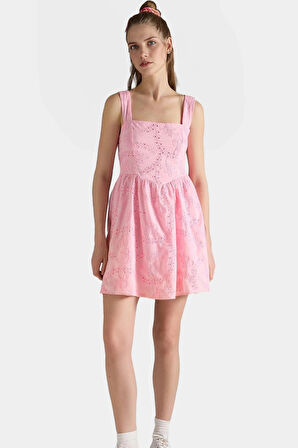 Dokuma Pamuklu Mini Elbise Belden Açılan Etekli Yazlık Mükemmel Uyum Seçkin Malzeme