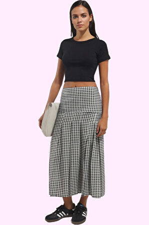 Kadın A line Ekoseli Piliseli Midi Etek Rahat Günlük Kullanım Hafta Sonu Dayanıklı Malzeme