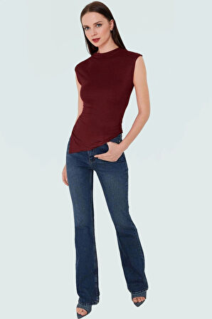 Dik Yaka Fitted Örme Bluz Regular Boy Asimetrik Kesim Mükemmel Uyum Özel Tasarım