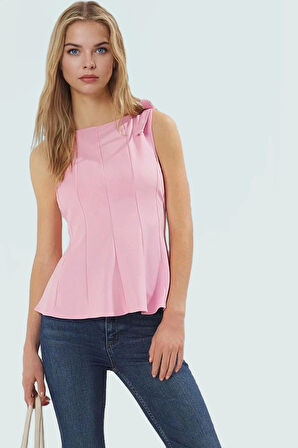 Kolsuz Örme Bluz Peplum Kesim Bisiklet Yaka Yazlık ve Şık Mükemmel Uyum Modern Stil