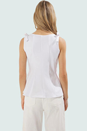 Kolsuz Örme Bluz Peplum Kesim Bisiklet Yaka Yazlık ve Şık Mükemmel Uyum Modern Stil