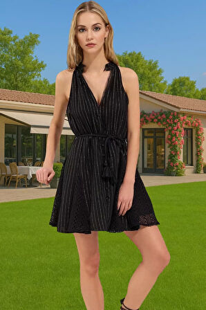 Kadın Müslin Plaj Elbisesi Volanlı Mini Halter Yaka Yazlık Günlük Kullanım İçin Seçkin Malzeme