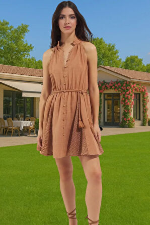 Kadın Müslin Plaj Elbisesi Volanlı Mini Halter Yaka Yazlık Günlük Kullanım İçin Seçkin Malzeme