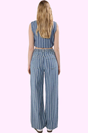 Kadın Çizgili Geniş Paça Pantolon Yüksek Bel Denim Yazlık Günlük Kullanım Kaliteli Malzeme