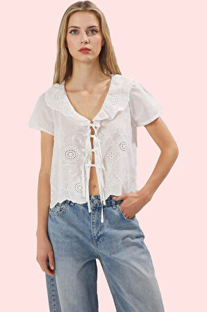 Kadın Pamuk Brode Dokuma Gömlek V Yaka Kısa Kollu Yazlık Günlük Kullanım Dayanıklı Malzeme