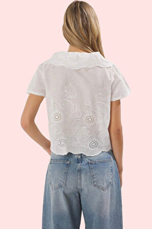 Kadın Pamuk Brode Dokuma Gömlek V Yaka Kısa Kollu Yazlık Günlük Kullanım Dayanıklı Malzeme