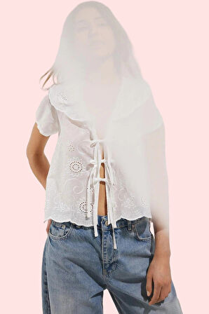 Kadın Pamuk Brode Dokuma Gömlek V Yaka Kısa Kollu Yazlık Günlük Kullanım Dayanıklı Malzeme