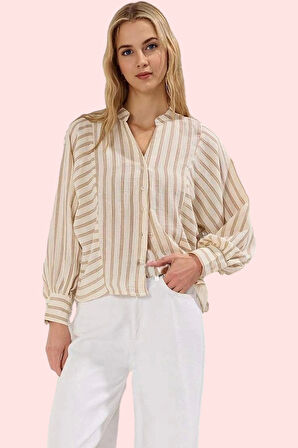 Kadın Pamuk Uzun Kollu Çizgili Gömlek Rahat Günlük Stil Hafta Sonu Yaz Aylarının Vazgeçilmezi