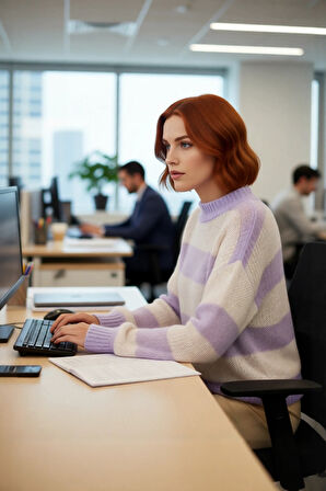 Rahat Kadın Crop Oversize Geniş Kalıp İnce Dokulu Çizgili Bisiklet Yaka Triko Kazak Günlük Kullanım