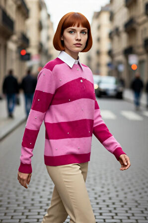 Bayan Yumuşak Dokulu Polo Yaka Çizgili Oversize Triko Kazak Düşük Kol Detaylı Kışlık Casual Şıklık