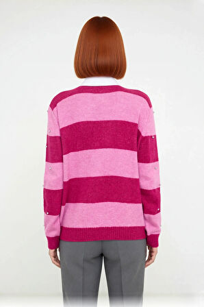 Bayan Yumuşak Dokulu Polo Yaka Çizgili Oversize Triko Kazak Düşük Kol Detaylı Kışlık Casual Şıklık