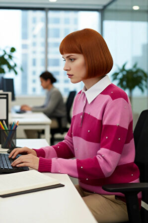 Bayan Yumuşak Dokulu Polo Yaka Çizgili Oversize Triko Kazak Düşük Kol Detaylı Kışlık Casual Şıklık