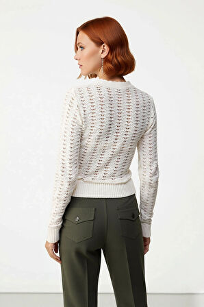 Kadın Fitted Ekru Ajurlu Triko Kazak Büzgülü Kolları Ve Rahat Kesimiyle İlkbahar Sonbahar Günlük