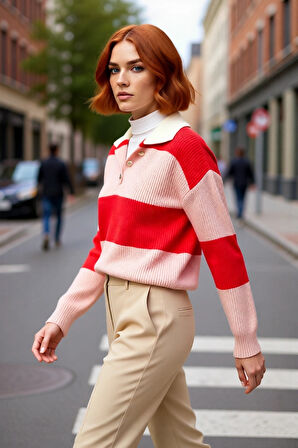 Kadın Rahat Kesim Renk Bloklu Polo Yaka Triko Kazak Soğuk Havalarda Şık ve Konforlu Seçim Kaliteli