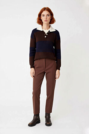 Kadın Rahat Kesim Renk Bloklu Polo Yaka Triko Kazak Soğuk Havalarda Şık ve Konforlu Seçim Kaliteli