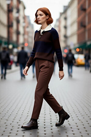 Kadın Rahat Kesim Renk Bloklu Polo Yaka Triko Kazak Soğuk Havalarda Şık ve Konforlu Seçim Kaliteli