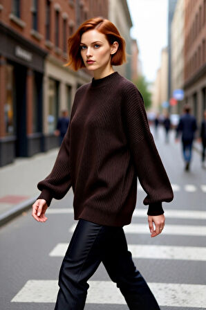 Kadın Oversize Basic Uzun Balon Kol Selanik Dokuma Triko Kazak 100% Akrilik Soğuk Havalar Kaliteli