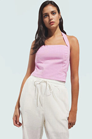 Pamuklu Keten Bluz Kolsuz Kare Yaka Fitted Basic Mükemmel Uyum Zarifane Tasarım