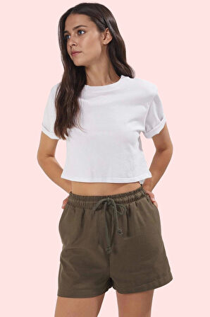 Kadın Mini Şort Pamuk Gabardin Kumaş Rahat Yüksek Bel Straight Günlük Yaz Aylarının Vazgeçilmezi