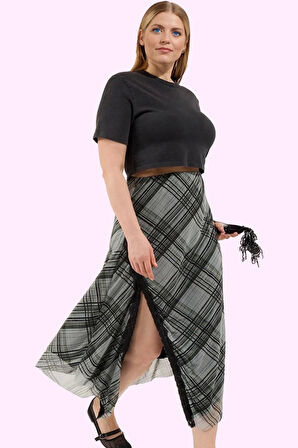 Kadın Büyük Beden Ekose Örme Etek Dantel Detay Casual Stil Günlük Kullanım Kaliteli Malzeme