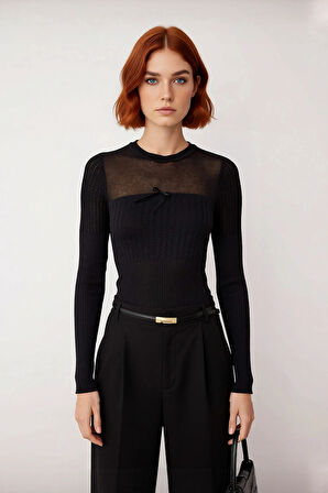 Kadın Bisiklet Yaka Fitted Kesim Transparan Ajurlu Detaylı Modern Triko Kazak Kaliteli Şık