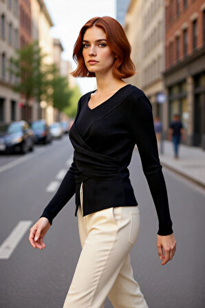 Kadınlara Özel Vücudu Saran Fitted Kesim Drape Örgü Triko Kazak İlkbahar Sonbahar Kombinleriniz