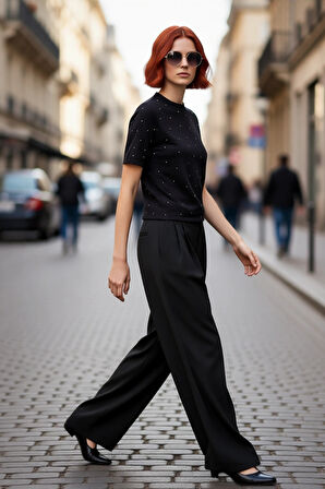 Kadın Cool Comfort Siyah Nakışlı Kısa Kollu Bisiklet Yaka Triko Bluz İlkbahar Sonbahar Kaliteli