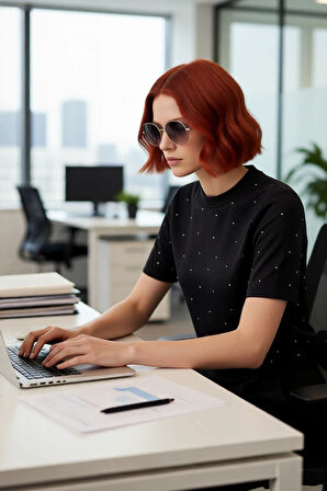 Kadın Cool Comfort Siyah Nakışlı Kısa Kollu Bisiklet Yaka Triko Bluz İlkbahar Sonbahar Kaliteli