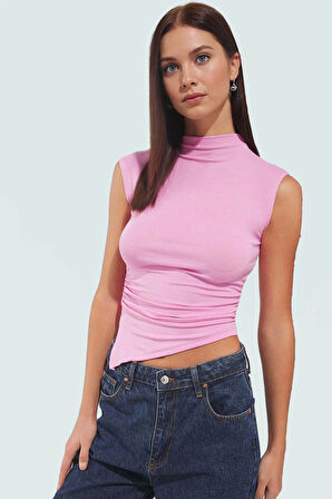 Dik Yaka Fitted Örme Bluz Regular Boy Asimetrik Kesim Mükemmel Uyum Özel Tasarım