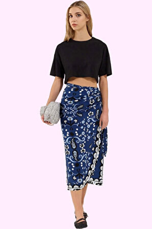 Kadın Yazlık Midi Etek Viskoz Shally Dokuma Etnik Desenli Rahat Yaz Aylarının Vazgeçilmezi