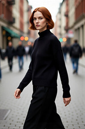 Kadın Dik Yaka Oversize Kalın Triko Kazak Düşük Kol Detaylarıyla Kış Aylarının Favori Parçası