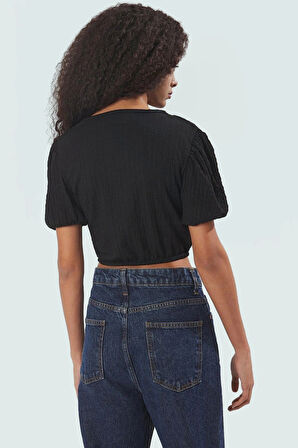 Yazlık Kısa Kol Crop Bluz Bürümcük Dokuma Polyester Örme Rahat Kullanım Günlük İçin